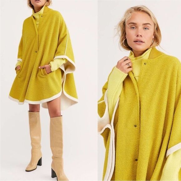 Free People We the Free Stone Cold Circle Cape Mustard Yellow Boucle Pancho - Picture 14 of 16